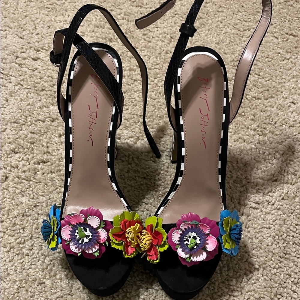 Betsey Johnson Black Heels with Colorful Floral Accents